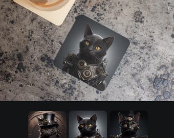 Black Cat Steampunk Coaster Set of 4, Victorian Cat Art Coasters, Gothic Cat Lover Gift, Home Bar Decor