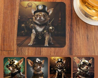 Chihuahua Steampunk Coaster Set of 4, Whimsical Victorian Dog Art Coasters, Chihuahua Gift