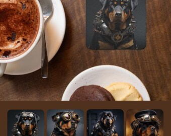 Rottweiler Steampunk Coaster Set of 4, Bold Victorian Dog Art Coasters, Rottie Lover Gift