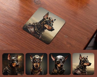 Doberman Steampunk Coaster Set of 4, Victorian Guard Dog Art Coasters, Doberman Lover Gift