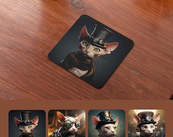 Sphynx Cat Steampunk Coaster Set of 4, Victorian Hairless Cat Art Coasters, Cat Lover Gift