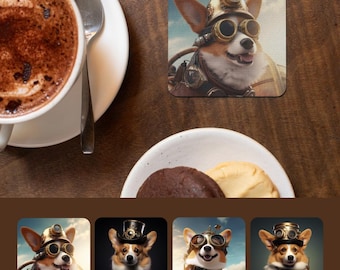Corgi Steampunk Coaster Set of 4, Whimsical Victorian Dog Art Coasters, Corgi Lover Gift