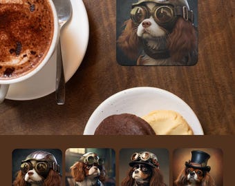 Cavalier King Charles Spaniel Steampunk Coaster Set of 4, Victorian Royal Dog Art, Cavalier Gift