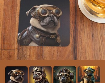 Pug Steampunk Coaster Set of 4, Whimsical Victorian Dog Art Coasters, Pug Lover Gift