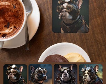 French Bulldog Steampunk Coaster Set of 4 – Dog Lover Home Decor, Frenchie Bulldog Gift for Mom Dad, Decorative Drink Coasters