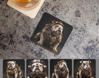 English Bulldog Steampunk Coaster Set of 4 – Dog Lover Home Decor, Bulldog Gift for Mom Dad, Decorative Drink Coasters
