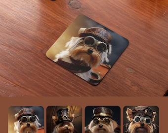 Yorkshire Terrier Steampunk Coaster Set of 4, Victorian Yorkie Dog Art Coasters, Yorkie Gift