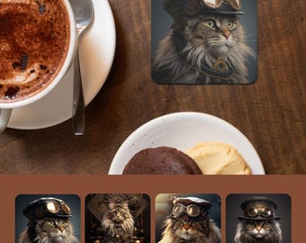 Maine Coon Cat Steampunk Coaster Set of 4, Victorian Longhair Cat Art, Cat Lover Gift