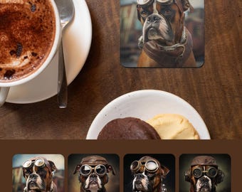 Boxer Steampunk Coaster Set of 4, Victorian Dog Art Coasters, Boxer Lover Gift, Home Bar Decor