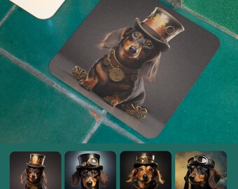 Dachshund Steampunk Coaster Set of 4, Victorian Wiener Dog Art Coasters, Dachshund Gift