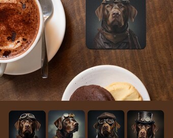 Chocolate Lab Steampunk Coaster Set of 4, Victorian Labrador Dog Art Coasters, Lab Lover Gift