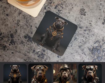Cane Corso Steampunk Coaster Set of 4, Victorian Mastiff Dog Art Coasters, Unique Dog Lover Gift, Home Bar Decor
