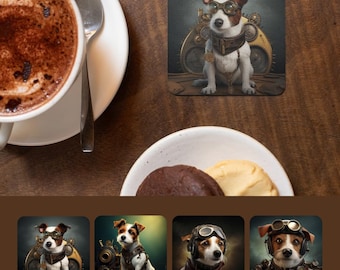 Jack Russell Terrier Steampunk Coaster Set of 4, Energetic Victorian Dog Art, Terrier Lover Gift