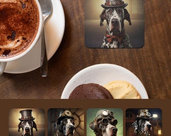 Great Dane Steampunk Coaster Set of 4, Victorian Gentle Giant Dog Art, Great Dane Gift