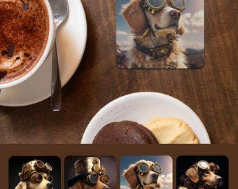 Golden Retriever Steampunk Coaster Set of 4, Victorian Dog Art Coasters, Golden Lover Gift
