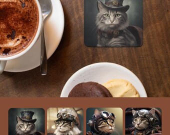 Grey Tabby Cat Steampunk Coaster Set of 4, Victorian Cat Art Coasters, Cat Lover Gift