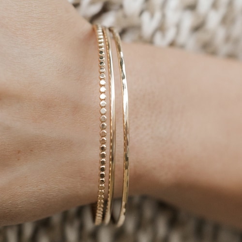 Set of Three Thick Gold Bangles 14k Gold Filled Bracelet Etsy