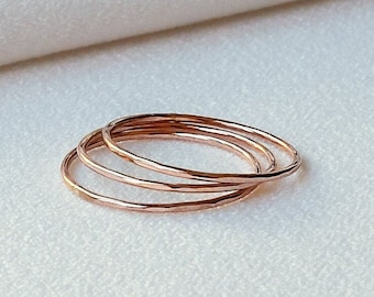 Set of Three Rose Gold Stacking Rings | 14k Rose Gold Filled Stacking Ring Hammered Ring Ultra Thin Rose Gold Ring Dainty Ring Minimal Ring