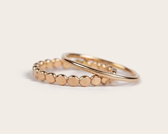 14k Gold Filled Stacking Ring Set: Thick Hammered Beaded & Thin Smooth | Dainty, Minimal Stackable Rings