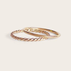 14k Gold Filled Stapelringe Set: Twist & dünne glatt | Zierliche, Minimale Stapelbare Ringe