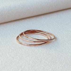 14k Rose Gold Filled Stacking Rings Set | Set of 3 Dainty, Minimal Hammered Ultra Thin Rose Gold Bands