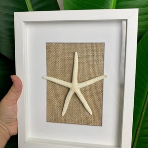 May include: White starfish framed on a burlap background with a white frame.