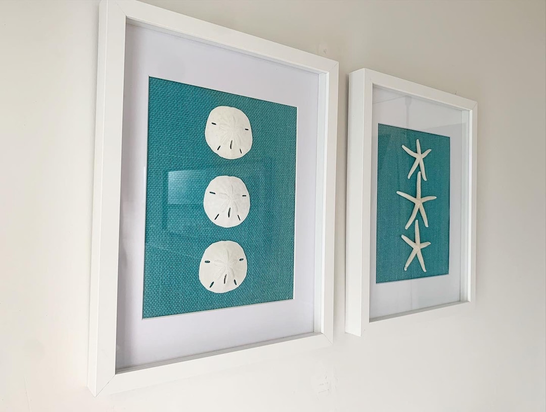 Coastal Shadowbox Set: Handmade Sand Dollar & Starfish Burlap Art - Etsy