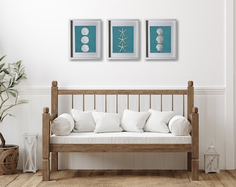 Coastal Shadowbox Set: Sand Dollar, Shell, Starfish - Beach House Decor