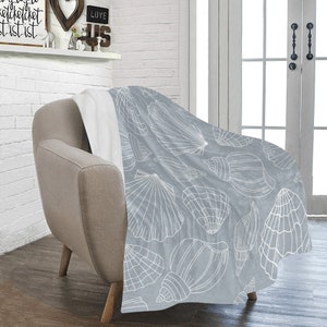 Seashell Coastal Beach Throw Blanket | Ocean Theme Blanket | Ultra-Soft Micro Fleece Blanket | Blueish Grey 50&quot; X 60&quot; | Proudly Made in USA
