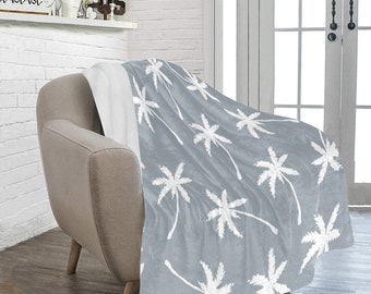 Tropical Palm Tree Coastal Beach Throw Blanket | Ocean Theme | Cozy Ultra-Soft Micro Fleece | Blue/Grey 50" X 60" Throw Blanket, Made in USA