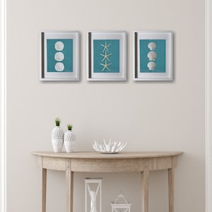 Ocean Blue Set of 3 11"x14" Coastal Shadowboxes | Framed Sand Dollars, Shells & Starfish | Handmade in Florida | Beach House Home Decor Art