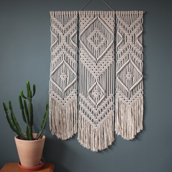Macrame Wall Hanging > TRIO > 100% Cotton Cord in Natural Ecru with Bamboo
