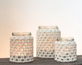 Set of 3 Cream 100% Cotton Crocheted Glass Jar Candle Holders