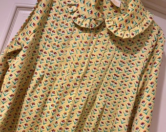 Vtg size L Zipper Ruffle Peter Pan Collar Long Yellow Mini print Polyester House Robe