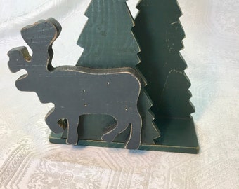 Woodland Moose & Green Tree Cutout Wood Napkin Holder