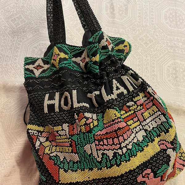 Ethnic Israel Holy Land Jewish Beaded Drawstring Shoulder Tote Bag Purse Pink Yellow Green Black