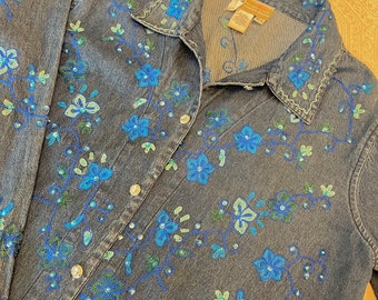 Vtg NEW size L Blue Floral Denim Western Embroidery Elegant Embroidery Beaded Coldwater Creek Jacket