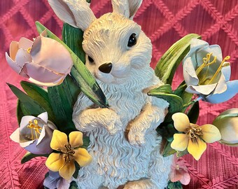 Sweet Cottage 10 x 8.5" Ceramic Rabbit Bunny with Pink Blue Metal Tulip Daisy Flowers Figurine