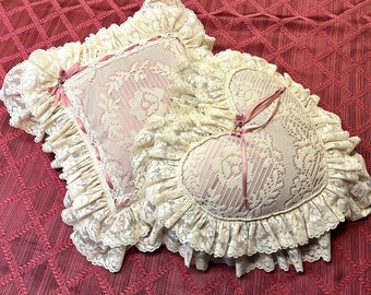 Two 14" Lush Victorian Pink Ribbons and Double Lace Floral Heart and Square Throw Pillows