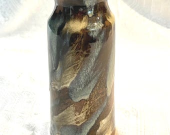 Ceramic Art 8 x 3.5" Flower Vase Mid-Century Modern Boho Brown Blue Painted.