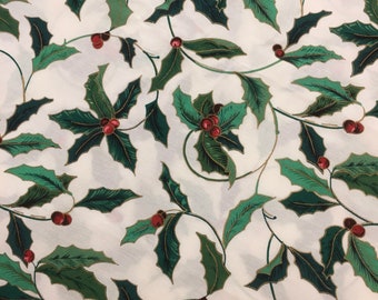 Vtg NEW 51" Cotton Blend Green Red Holly Berry Gold White Christmas Tablecloth Topper