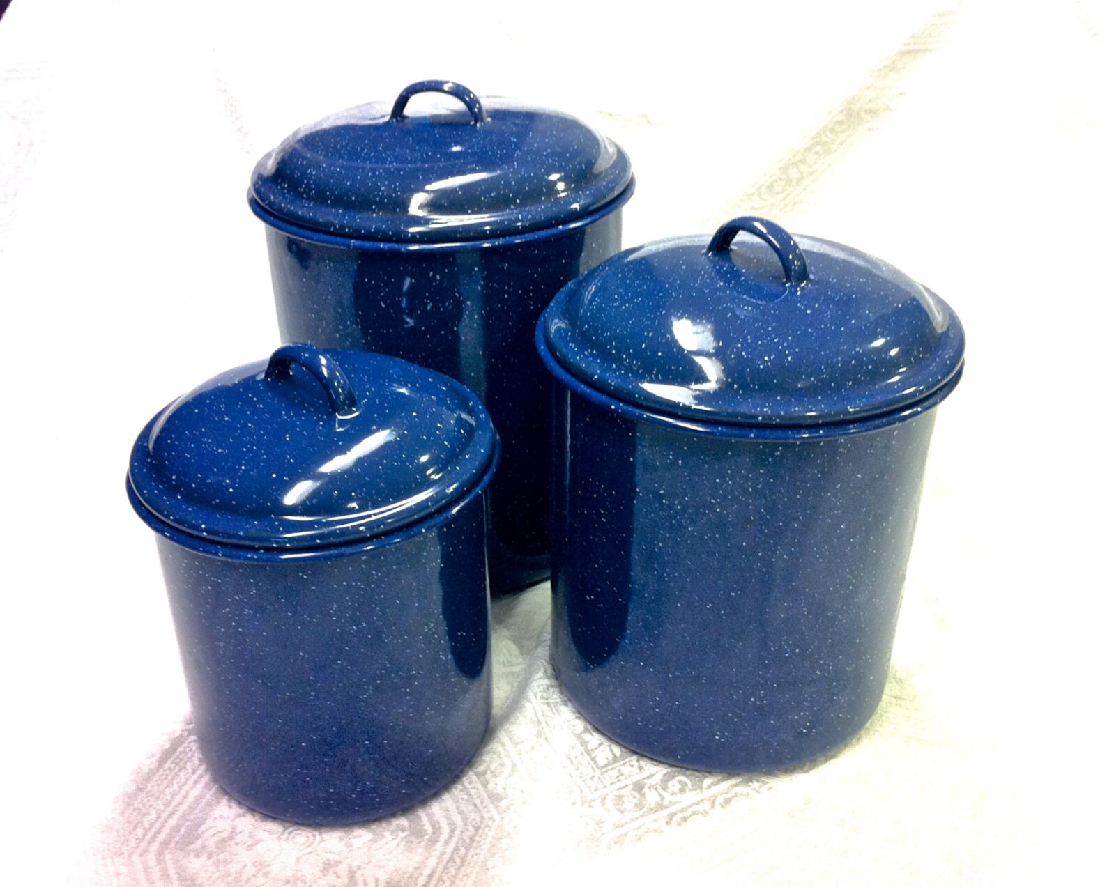 Set of 3 Vtg Navy Blue Speckled Graniteware Enamel Canister Etsy