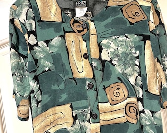 Cool size L Fritzi Green, Beige Summer Geometric Short Sleeve Career Short Front button Blouse Shirt