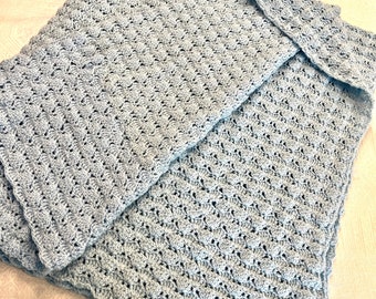 Lush NEW 62 x 58" Shell Pattern Hand Made Crochet Medium Blue Throw Blanket Afghan