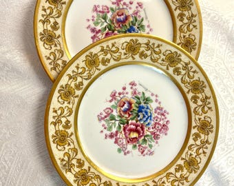 Könnte beinhalten: Zwei runde Porzellanteller mit weißer Mitte, einem bunten Blumenstrauß und einem breiten Rand, der mit filigranen Goldmustern verziert ist. Die Ränder sind goldfarben abgesetzt und die Teller haben eine glatte, glänzende Oberfläche.
