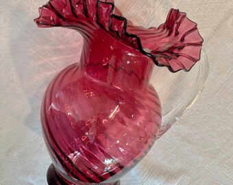 Stunning Cranberry Ribbed Glass Scalloped Large 10 x 9" wide Water Pitcher