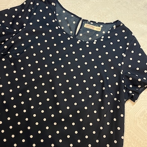 NEW Size XL Navy White Polka Dot Polyester Short Sleeve Pullover Career Blouse