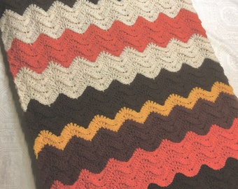 Lush 54 x 96" Chevron Heavy Hand Made Crochet Brown Orange Yellow Fringed Throw Blanket Afghan