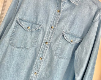 Vintage Size L ANDREW'S BLUE Western Light Blue Denim Long Sleeve Button Cotton Shirt with Pockets