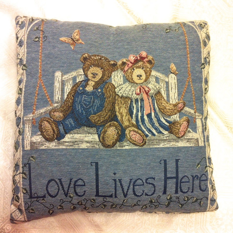 Tapestry Blue His & Hers Teddy Bear Romantic Country 16 Love Lives Here Pillow image 1